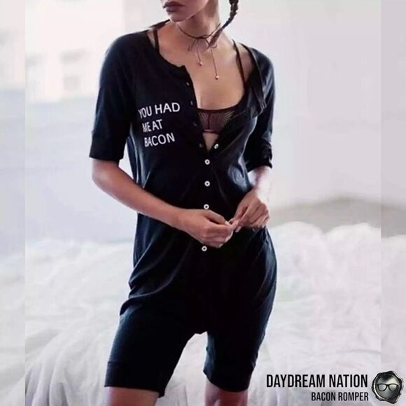 DAYDREAM NATION BACON ROMPER UNION SUIT IN BLACK COTTON/MODAL UNISEX SIZE SMALL - Picture 3 of 16